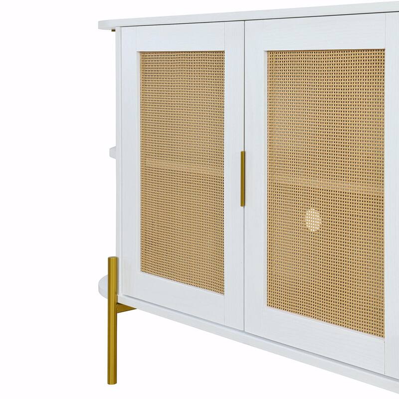 2-Door Curved Dining Cabinet - Elegant with Gold Trim and Woven Rattan Doors