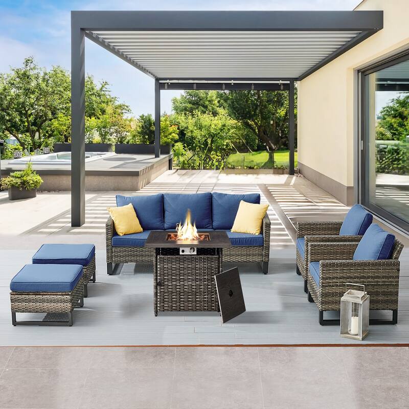 Gymojoy Outdoor Fire Pit Conversation Set, Patio Furniture with Cushions - 6 PCS - Sofa & Club Chair & Ottomans & Fire Pit - Grey Wicker / Blue Cusion