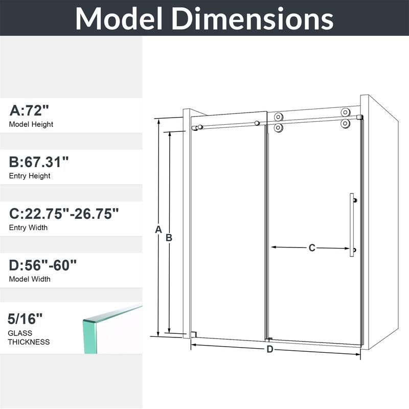 56"-60"W x 72"H Frameless Single Sliding Shower Door