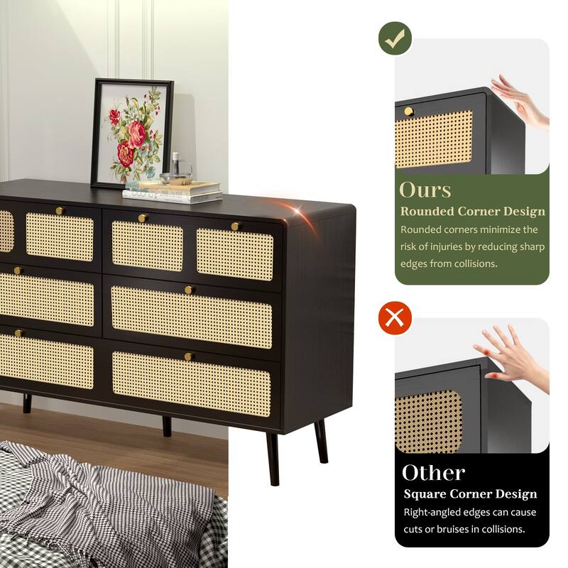 Rattan Dresser Chest with Wide Drawers and Metal Handles