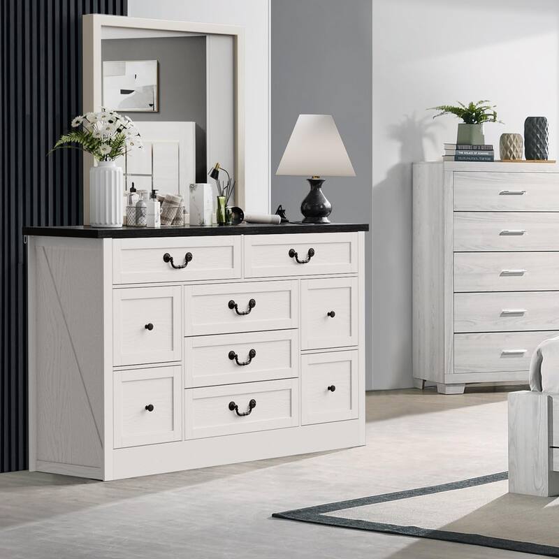 Farmhouse 9-Drawer Dresser with Charging Station, 54" Wide Wood Chest of Drawers with Metal Handles