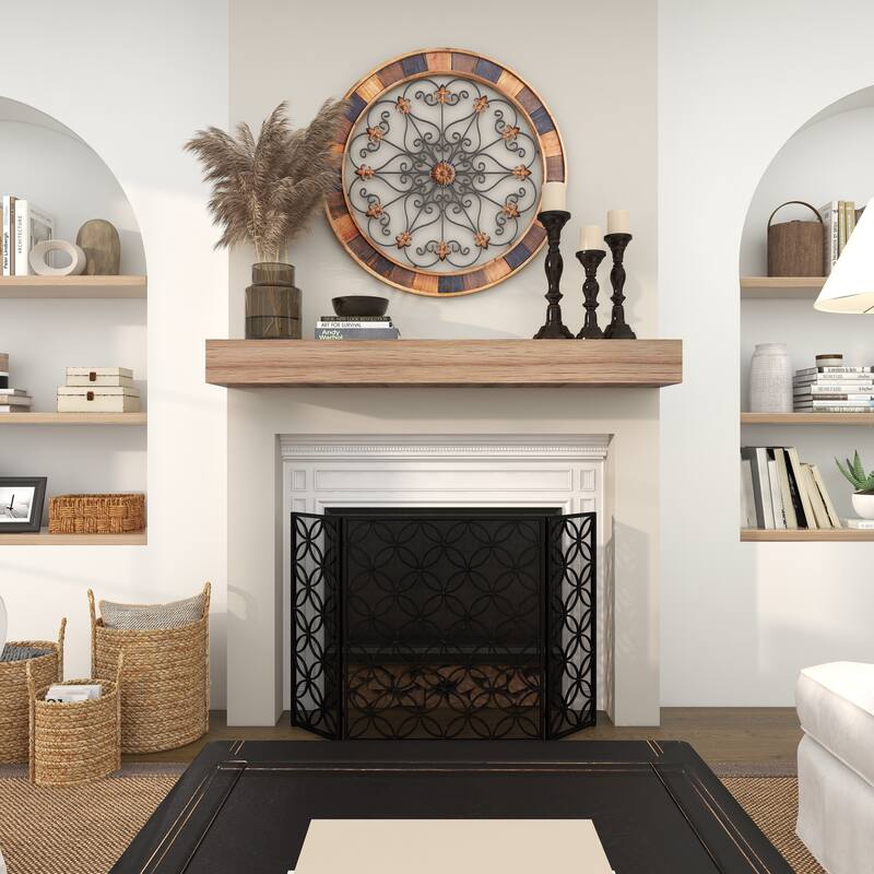 Brown Wood Medallion Scroll Home Wall Decor with Metal Fleur-De-Lis Detail