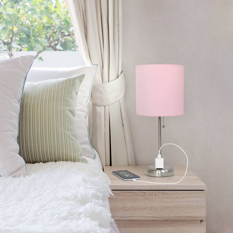 19.5 in. Brushed Steel Finish Table Lamp with Pink Shade, Sturdy Table Lamp for Living Rooms and Bedrooms