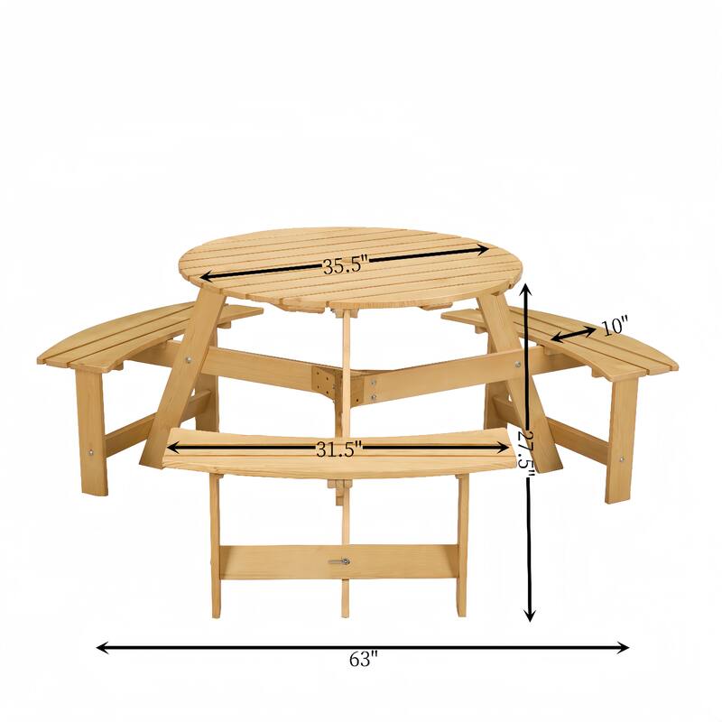 6-Person Outdoor Patio Wooden Round Picnic Table with 3 Built-in Benches and Umbrella Hole