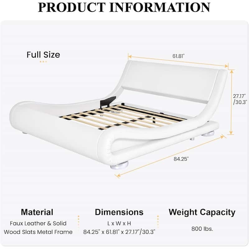 Upholstered White Platform Bed Frame with Curved Headboard and PU Leather