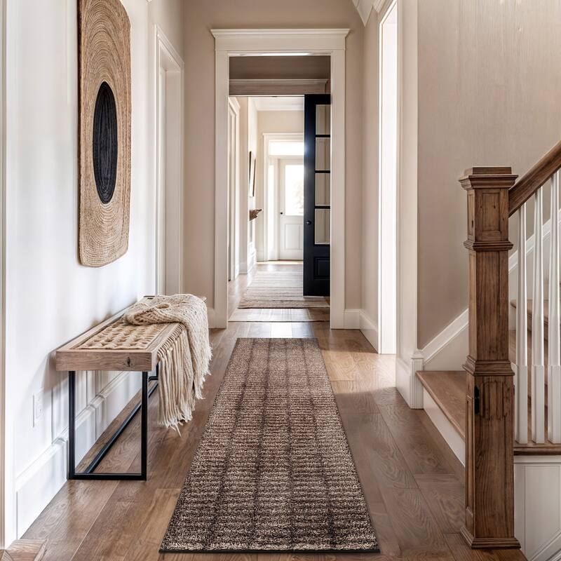 Bohemian Stripe Lines Shag Rug - Textured Surface - Anthracite Dark Gray - Easy to Clean - Beige - 2' 3" x 8'