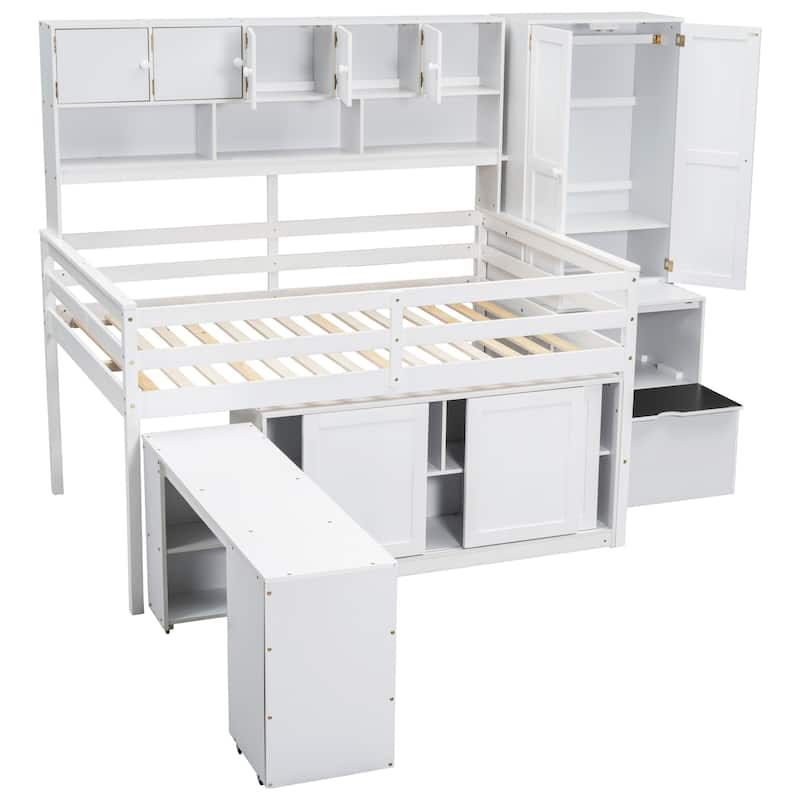 Full Size Wooden Loft Bed Big Storage with Under-Bed Desk, with Drawers, with Shelves, White