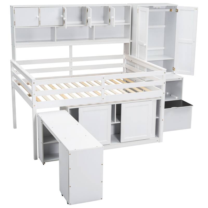 White Full Size Wooden Loft Bed with Integrated Wardrobe & Desk