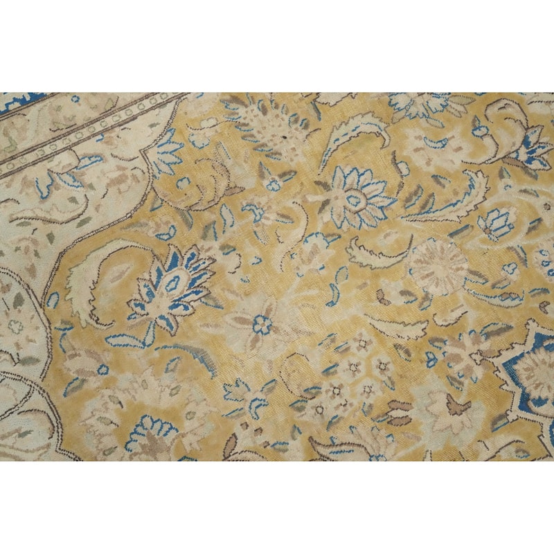 Hand Knotted Oriental 100% Wool Carpet Traditional Floral Yellow & Gold Kerman Area Rug - 13' 5'' X 9' 3''