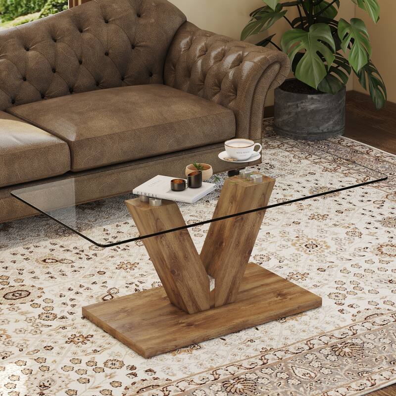 Modern Minimalist Style Coffee Table. Transparent Tempered Glass Tabletop With Wooden Mdf Columns