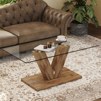 Modern Minimalist Style Coffee Table. Transparent Tempered Glass Tabletop With Wooden Mdf Columns