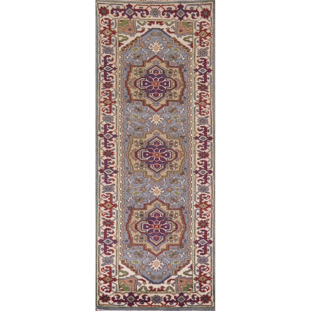 Blue Geometric Heriz Serapi Runner Rug Handmade Oriental Wool Carpet - 2'6"x 7'10"