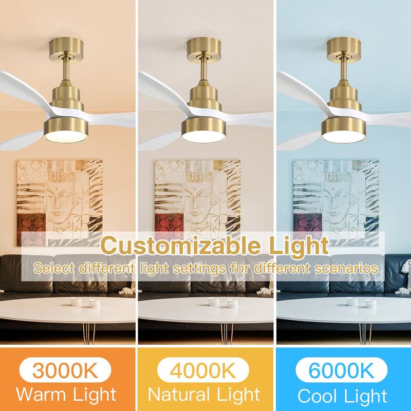 52"Solid Wood Ceiling Fan with Light Optional, 6-Speed Reversible DC Motor and Remote control,Smart Optional