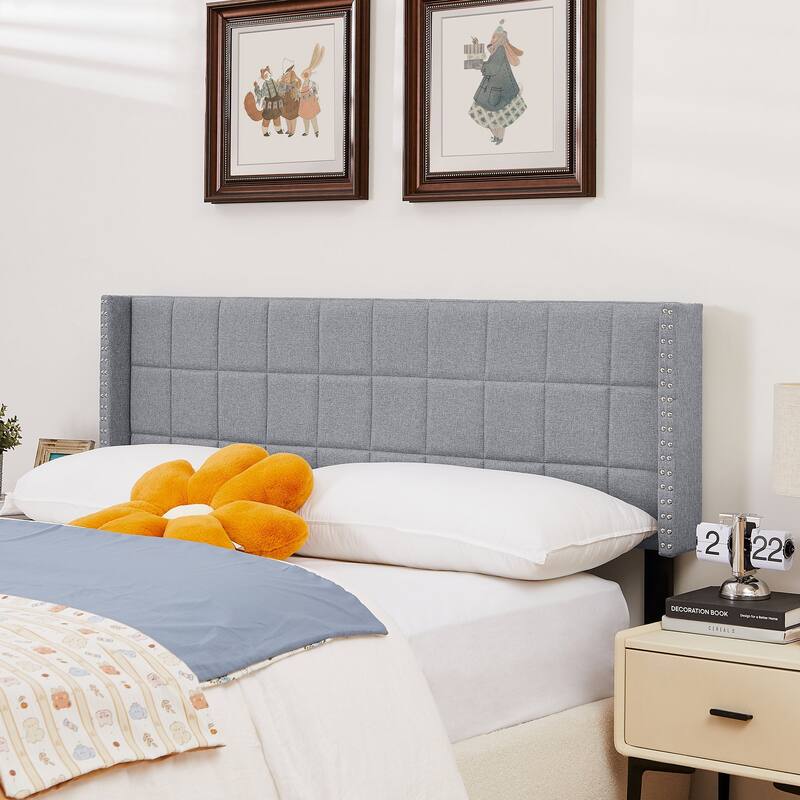 Javlergo Queen/King Size Adjustable Upholstered Headboard, Modern Wingback Headboard with Double Nailhead Trimming - Grey - Queen