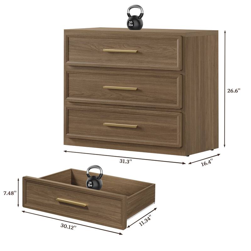 Gold-Accent 3-Drawer Nightstand: Multi-Use for Bedrooms, Guest Rooms & Dressers