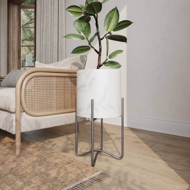 Raya White Mid-Century Modern Indoor Metal Pot Planter with Tall Metal Base - 25.25" H  x 13.25" W - Black
