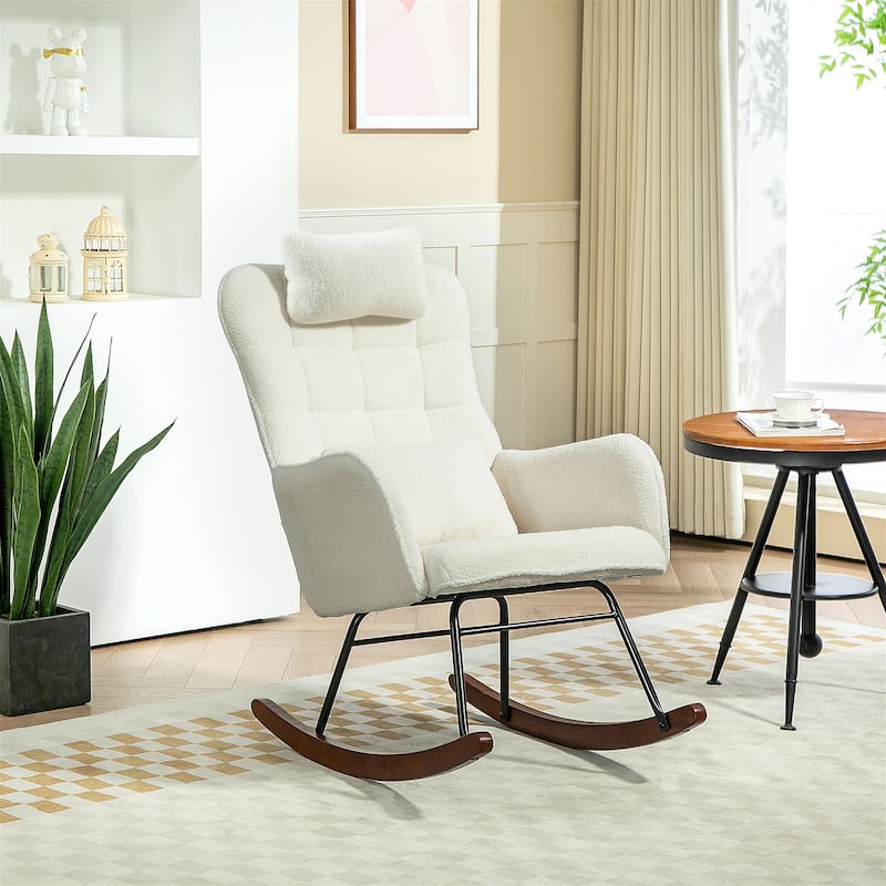 Modern Teddy Fleece Cushion Rocking Chair with High-Density Foam Headrest and Lumbar Support - 26.8" W x 36.6" D x 43.3" H - CreamWhite