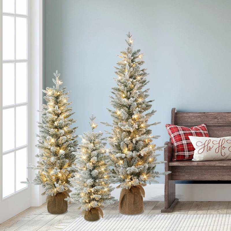Puleo International Set of 3 Artificial Flocked Spruce Trees in 3', 4', and 5' with Burlap Base