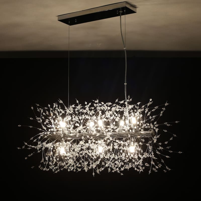 9/12-Light Linear Sputnik Crystal Beaded Pendant Light Firework Starburst Crystal Chandelier for Dining Room