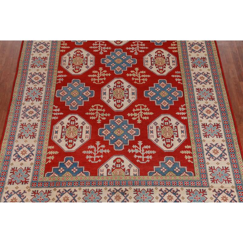 Hand Knotted Oriental 100% Wool Carpet Traditional Geometric Red Kazak Area Rug - 9' 6'' X 8' 0''