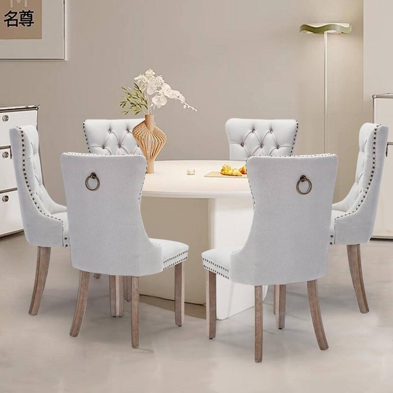 Tufted Naliheads Solid Wood Upholstered Dining Chairs Set of 6 - Beige LinenFabric