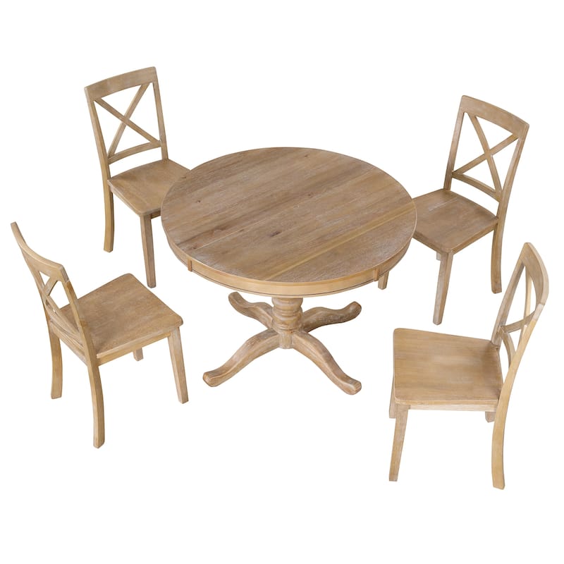 5 Piece Wood Dining Table Set, Kitchen Dining Table Set with Extendable Round Dining Table and 4 Chairs with Backrest