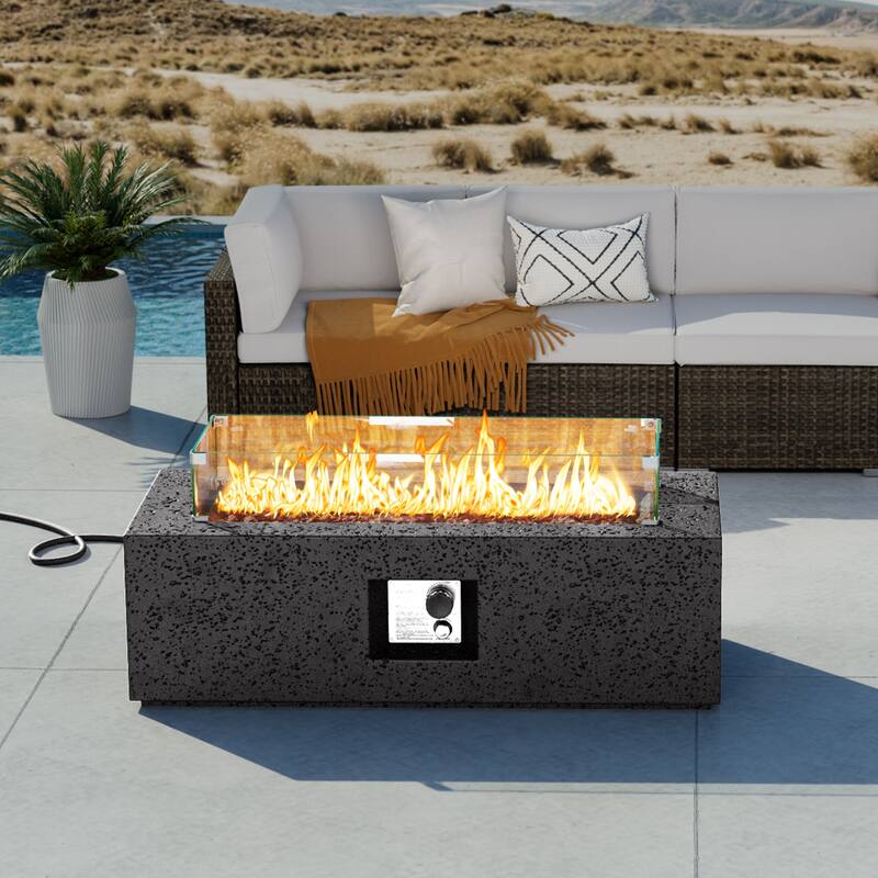 COSIEST Outdoor Rectangle Propane Fire Pit with Wind Guard, 50000BTU - Grey