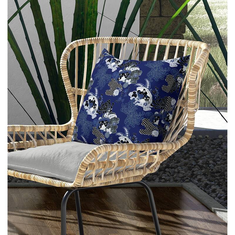 Checkered Waves Indoor/Outdoor Reversible Throw Pillow Blue and White