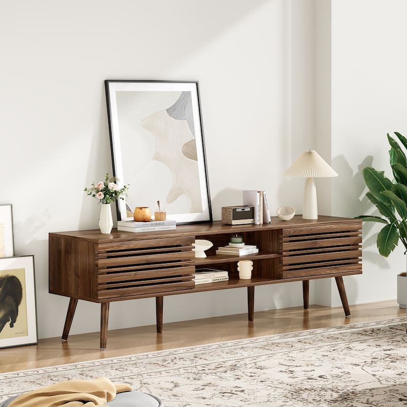 Mid Century Modern TV Stands for up to 70" TV with Storage, Fluted Wood TV Stand for Living Room, Boho Media Console