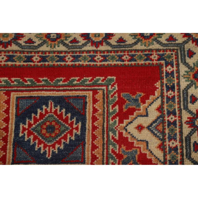 Geometric Kazak Runner Rug Hand-Knotted Red Wool Carpet - 2'9" x 9'4"