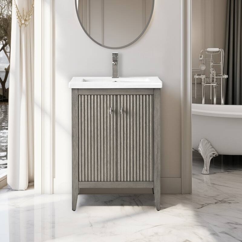 Vanity Art 24" Single Sink Bathroom Vanity Cabinet with Ceramic Top - 24"/Brushed Nickel Handle - Linear Driftwood Gray