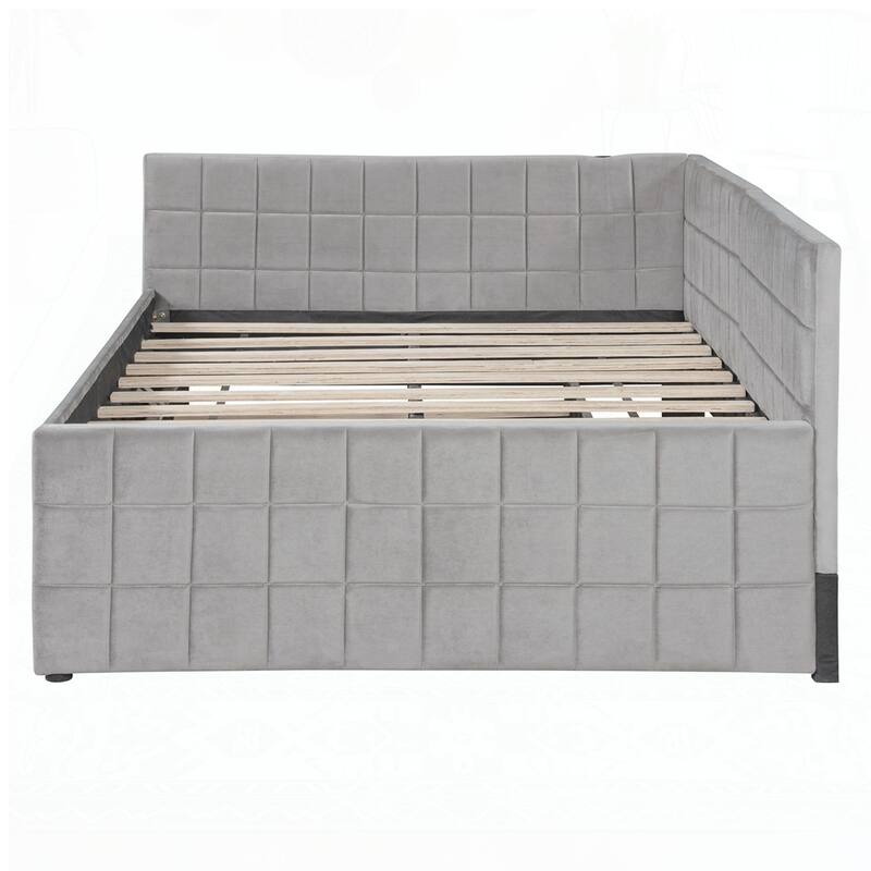 Upholstered L-Shaped Upholstered Daybed with Twin Size Pop Up Trundle and USB ports