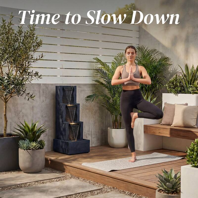 3 Tier Stone Look Lighted Water Fountain Modern Stacked Patio Decor