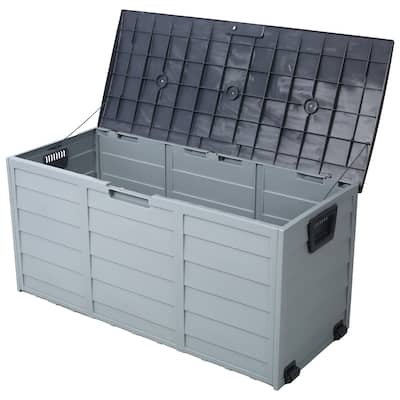 Grey Compact Wheeled Storage Deck Box with 4 Wheels and Weatherproof for Garage and Poolside Garden​​