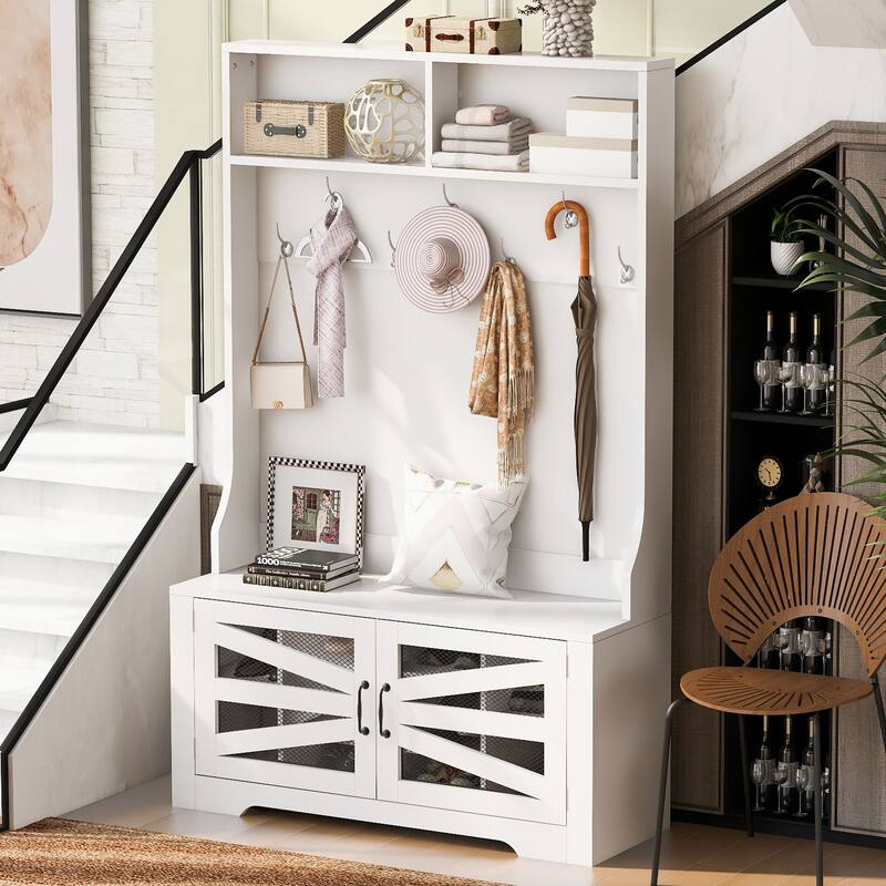 Roomfitters 3-in-1 Entryway Bench with Coat Rack, Adjustable Shelves and 7 Hooks, 43.3" Hall Tree for Entrance or Living Room