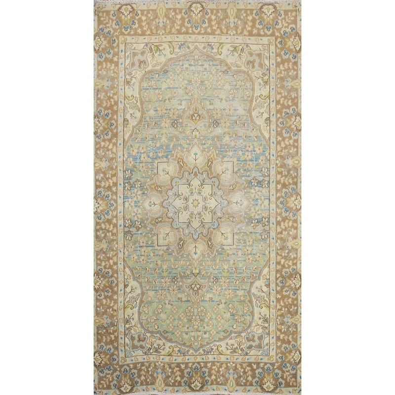 Hand Knotted Oriental 100% Wool Carpet Traditional Floral Green Kerman Area Rug - 4' 9'' X 2' 8''