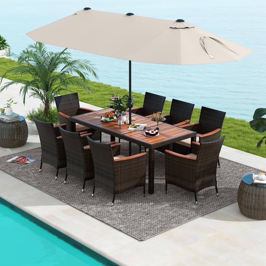 11 PCS Patio Dining Set Outdoor Rattan Furniture Set w/ 15ft Umbrella