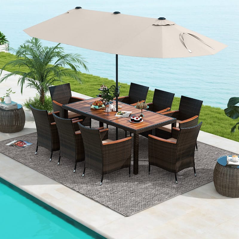 Costway 11 PCS Patio Dining Set with 15ft Double-Sided Patio Umbrella