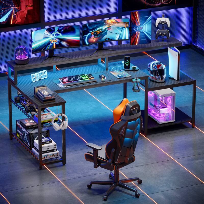 Bestier 71.5“” Computer Desk with Power Outlets, L Shaped LED Home Office Desk with Long Monitor Stand and Cup Holder & Hooks