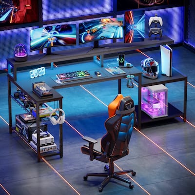 Bestier 71.5“” Computer Desk with Power Outlets, L Shaped LED Home Office Desk with Long Monitor Stand and Cup Holder & Hooks