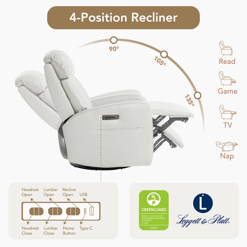 Kinsley Triple Motor Leather Power Swivel Recliner with Adjustable Lumbar