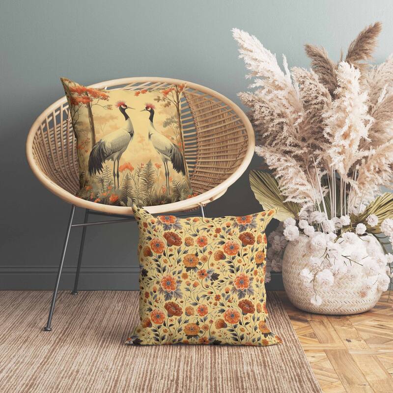 Autumnal Cranes Indoor/Outdoor Reversible Throw Pillow Beige and Gray