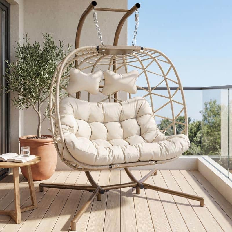 Oversized Outdoor Double Swing Egg Chair, 700 lbs Capacity 2-Person Hanging Egg Chair Swing with Cushion