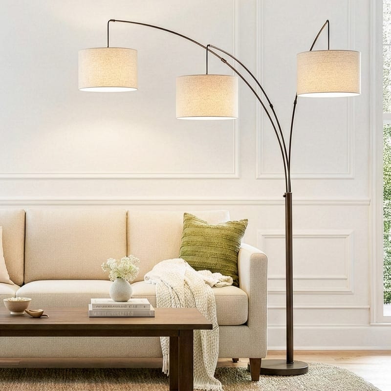 Brightech Trilage 84 in. Oil Brushed Bronze Mid-Century Modern 3-Light Adjustable LED Floor Lamp with 3 Beige Fabric Drum Shades