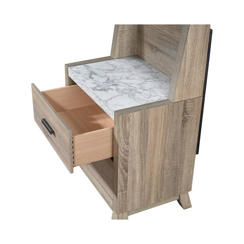 1pc Rustic Transitional Contemporary Nightstand Wall Panel Natural Brown Faux Stone Top W/Led Light Bed Side Cabinet
