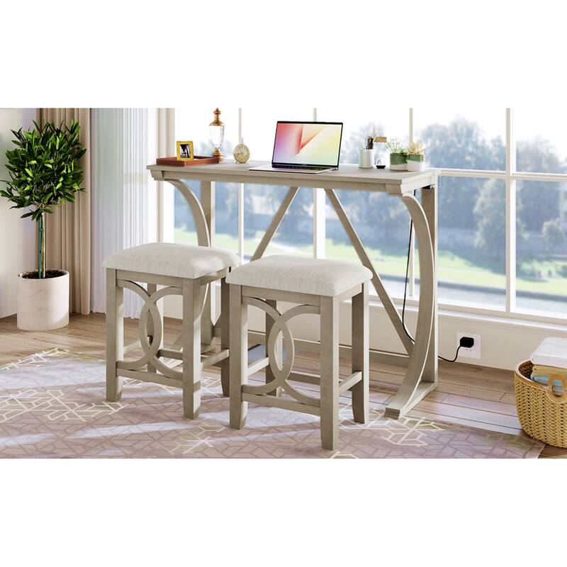 Roomfitters 3-Piece Counter Height Dining Table Set with USB Port, Farmhouse Console Table with 2 Stools