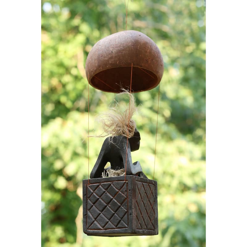 Handmade Wooden Primitive Tribal Funny Statue Riding Hot Air Balloon Sculpture Tiki Bar Handcrafted Unique Gift Decor Accent
