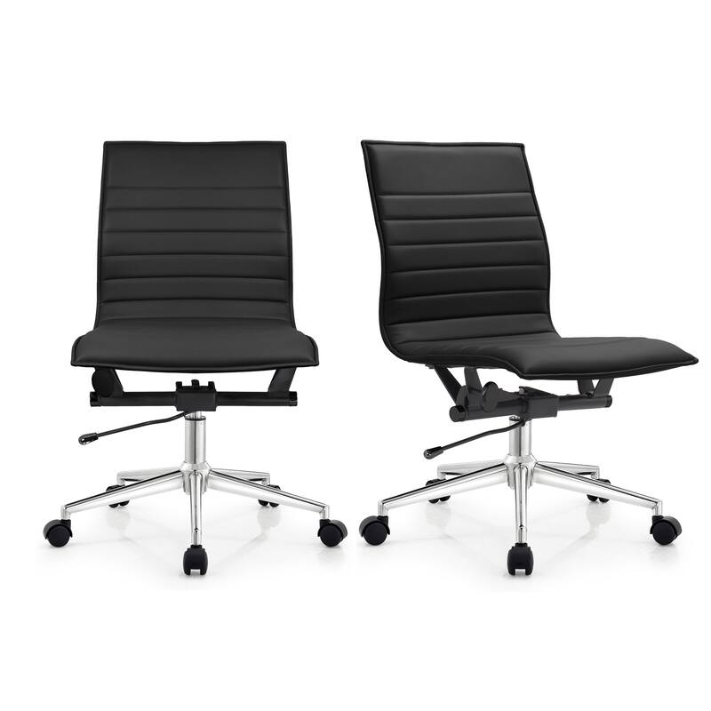 Set of 2 Modern Office Chairs, Upholstered PU Leather Ribbed Armless Mid Back with Metal Frame, Adjustable Height, Tilt - Black