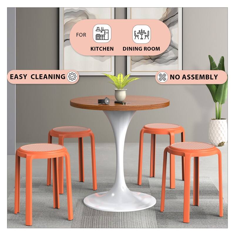Round Plastic Dining Stool with Wicker Top Tresse Series by LeisureMod - 17.7" H x 13.4" W x 13.4" D