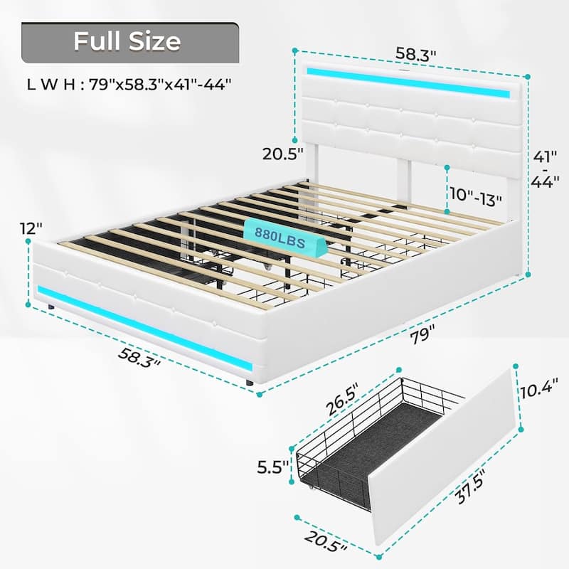 LED Bed Frame Platform Bed 2 USB Ports 4 Storage Drawers